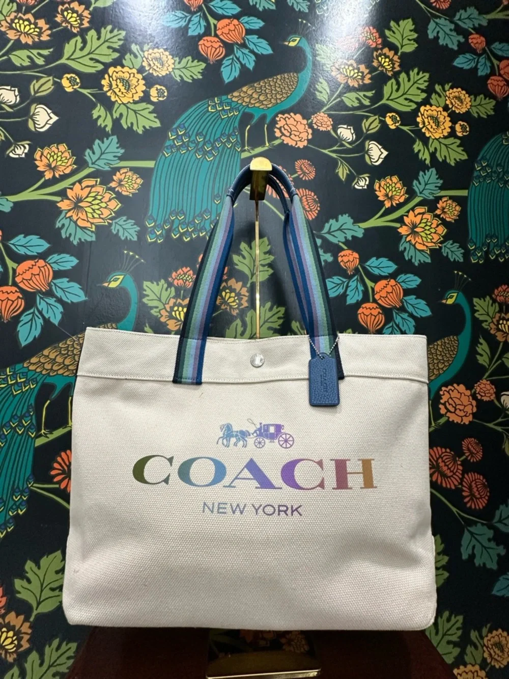 Coach Rainbow Logo Canvas Tote Bag Stripe Handles 2020 Large Carryall - Picture 4 of 14